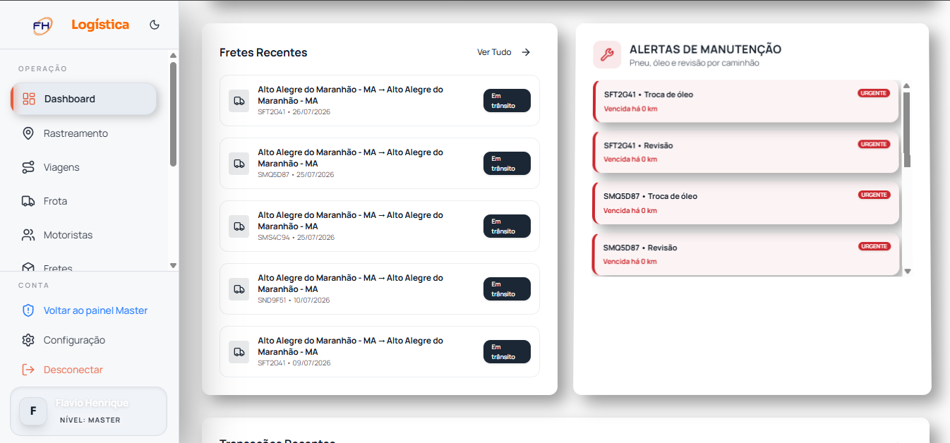 Dashboard de caminhões e manutenção